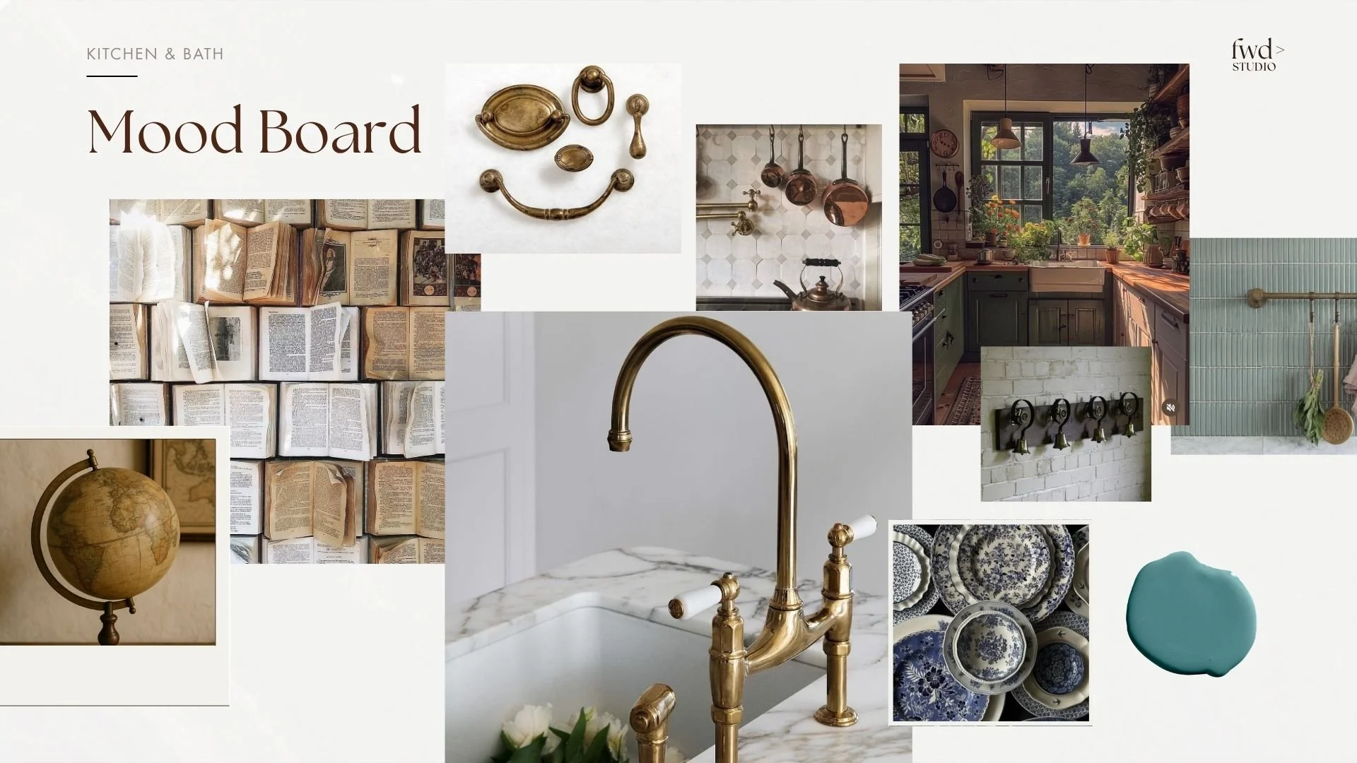 Collage of kitchen and home decor images including brass fixtures, a kitchen with green cabinets and window view, shelves with dishes, a marble kitchen sink with brass faucet, a globe, a wall with hanging copper pots, a wall with hooks, and a set of blue and white patterned plates.
