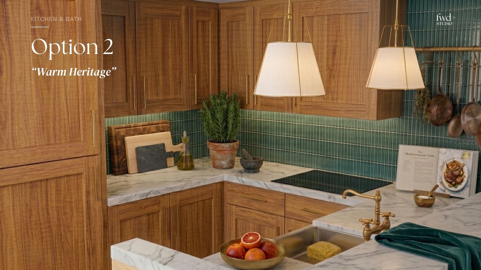 A kitchen corner with wooden cabinets, green tile backsplash, marble countertop, and hanging white lamps. There is a potted plant, cutting boards, a glass bottle with oil, and a cookbook on the counter. A bowl of grapefruits and a sponge are also visible.
