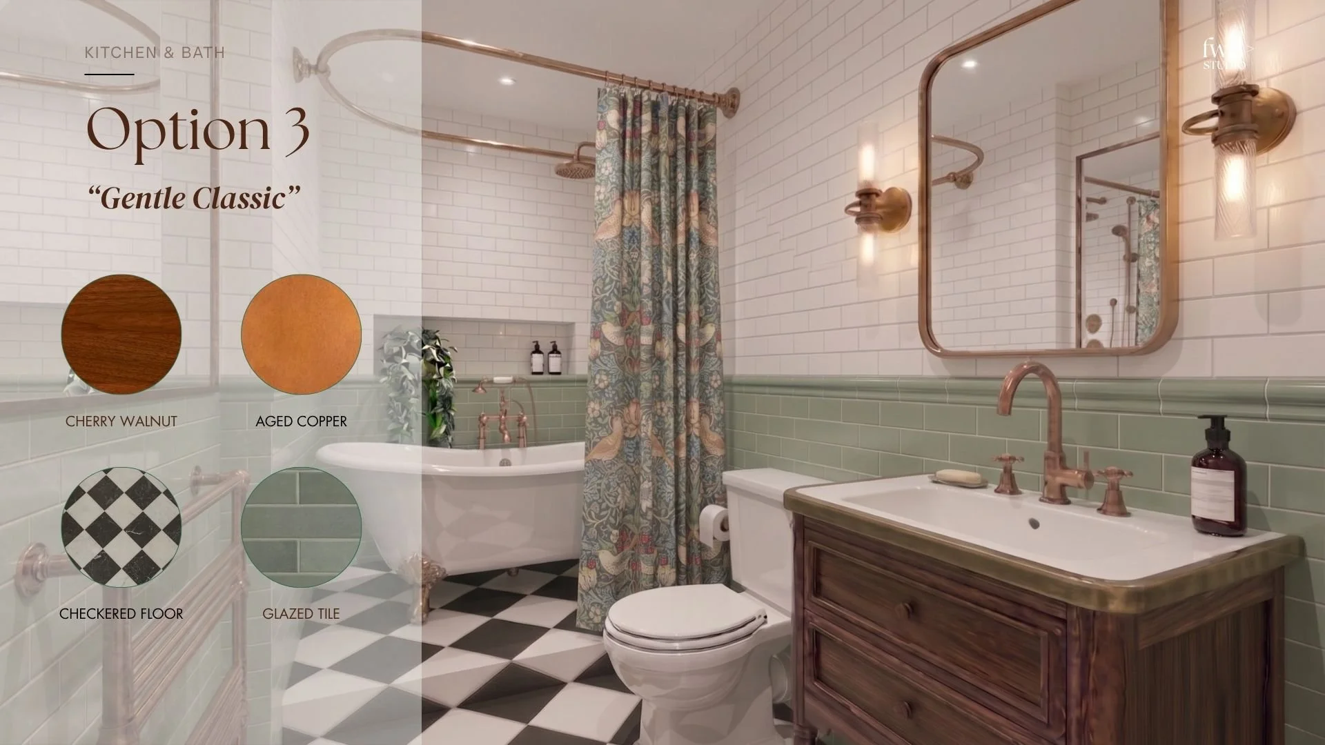 A bathroom with white subway tile walls, a checkout floor pattern with black and white tiles, and green glazed tiles on the lower wall. There is a vintage-style vanity with a wooden cabinet and a copper faucet, a wall-mounted mirror, and a light fixture with a wire cage. The bathroom features a bathtub with a patterned shower curtain, a toilet, and a small plant near the bathtub.