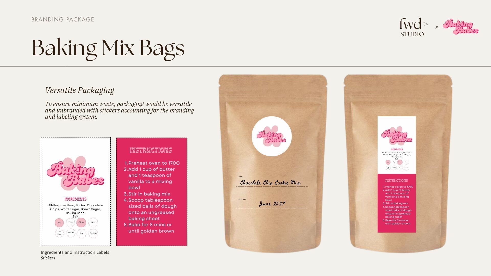 Packaging design for Baking Mix Bags featuring a beige paper bag with a branded sticker and instructions, bakery branding elements, and ingredient labels.