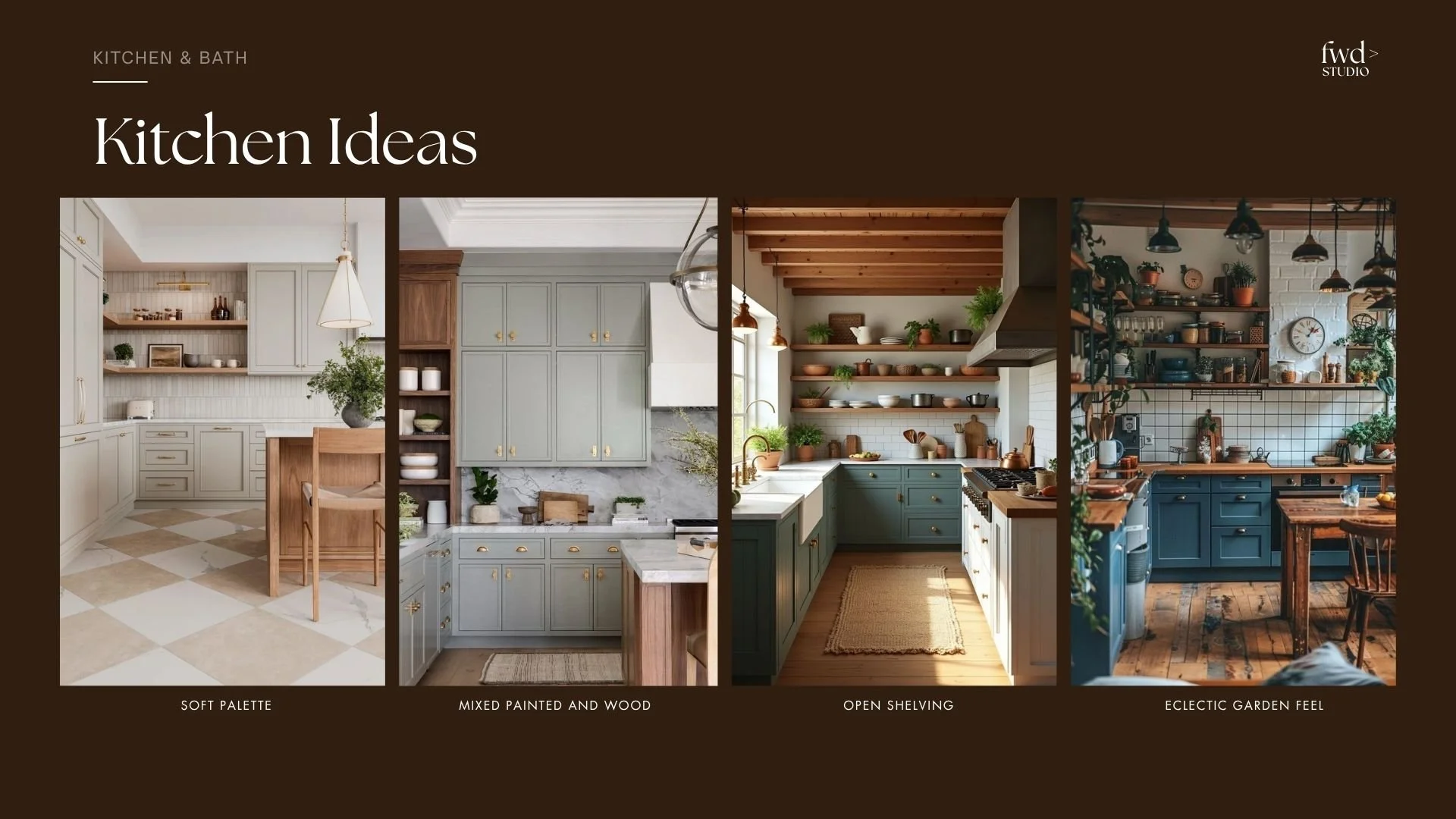 A collage of four kitchen interior designs labeled as soft palette, mixed painted and wood, open shelving, and eclectic garden feel.