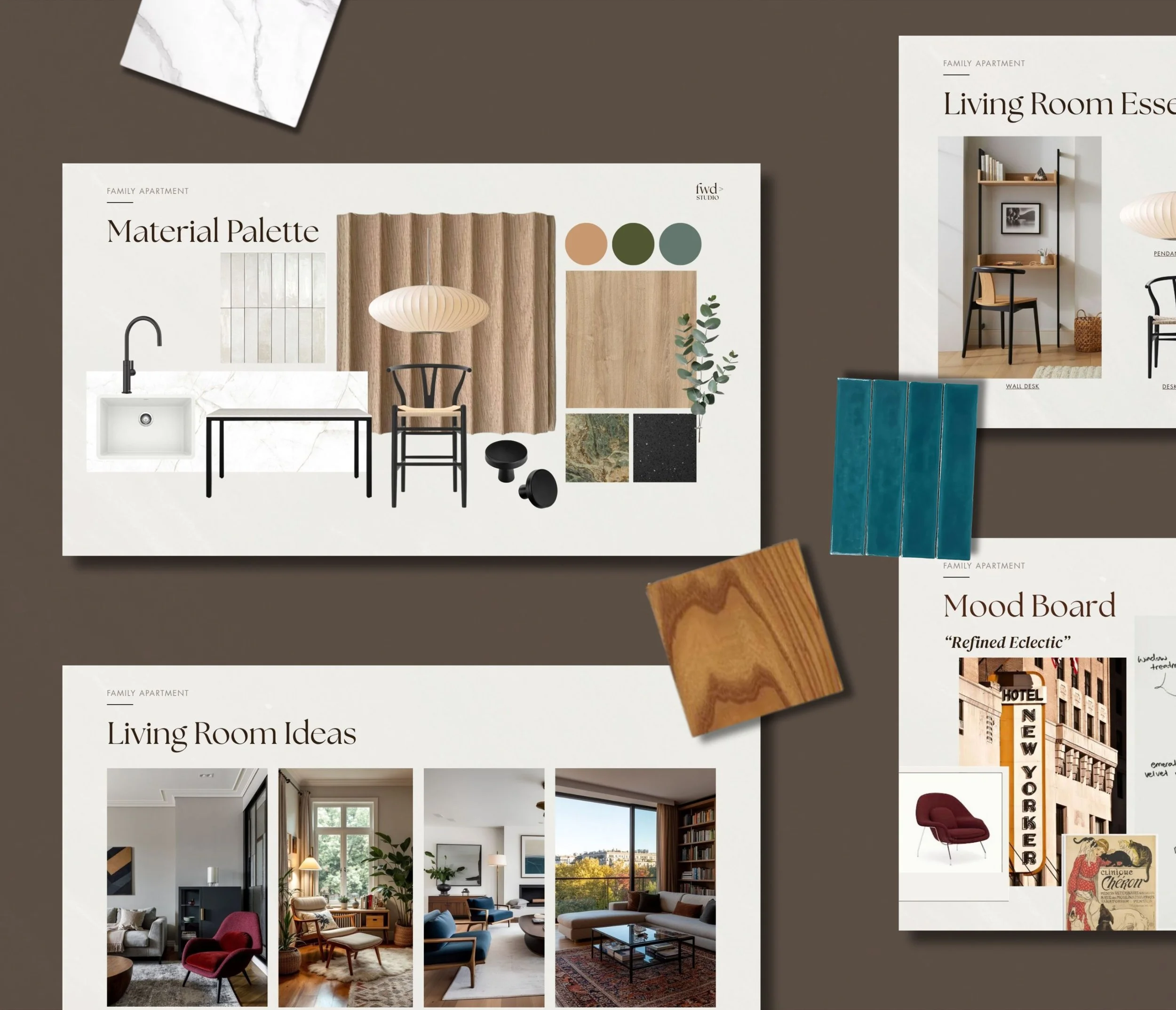 Interior design mood board featuring living room ideas with various furniture styles, color palettes, and decor inspiration.