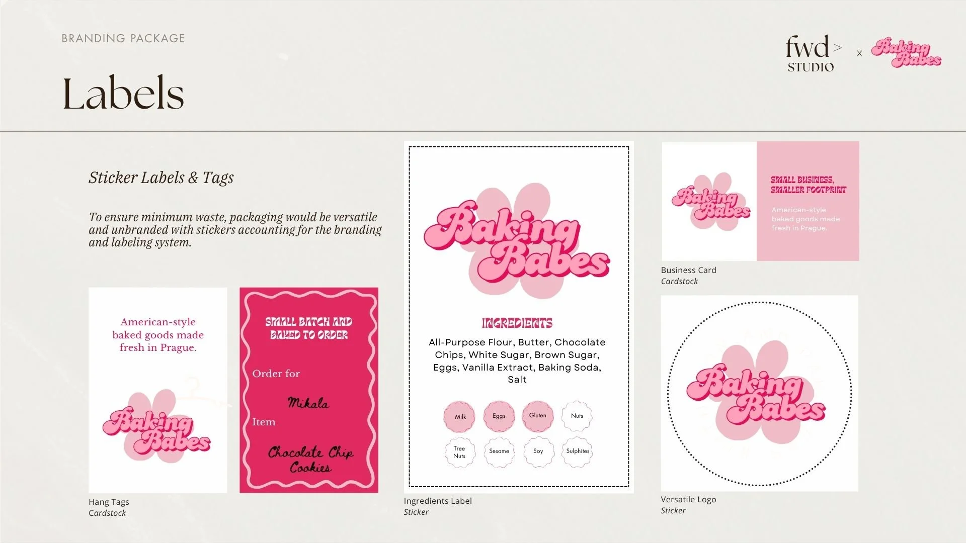 Display of branding package for 'Baking Babes,' including sticker labels, business card, ingredients label, and versatile logo, all featuring pink and white branding elements.