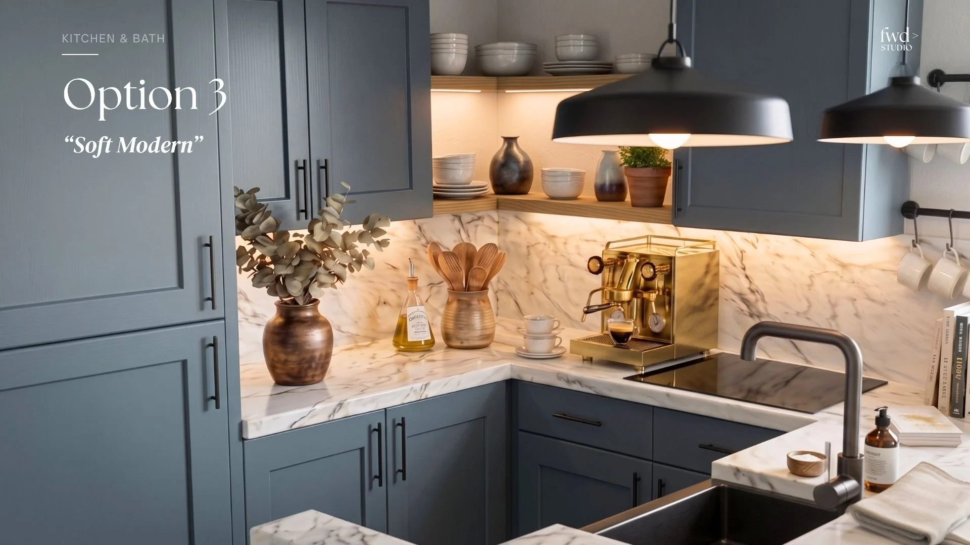 Modern kitchen with blue cabinets, marble countertops, open shelving with bowls and vases, black pendant lights, a gold espresso machine, and plants.