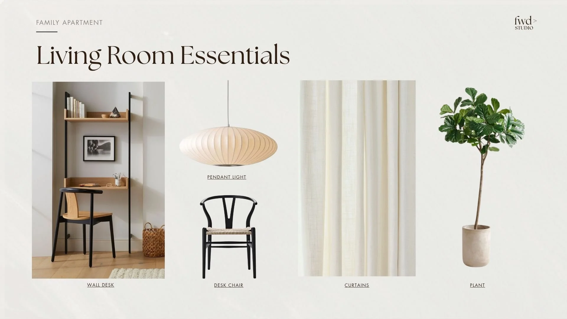 A home interior decor collage featuring a wall desk with books, a desk chair, a pendant light, curtains, and a potted plant.