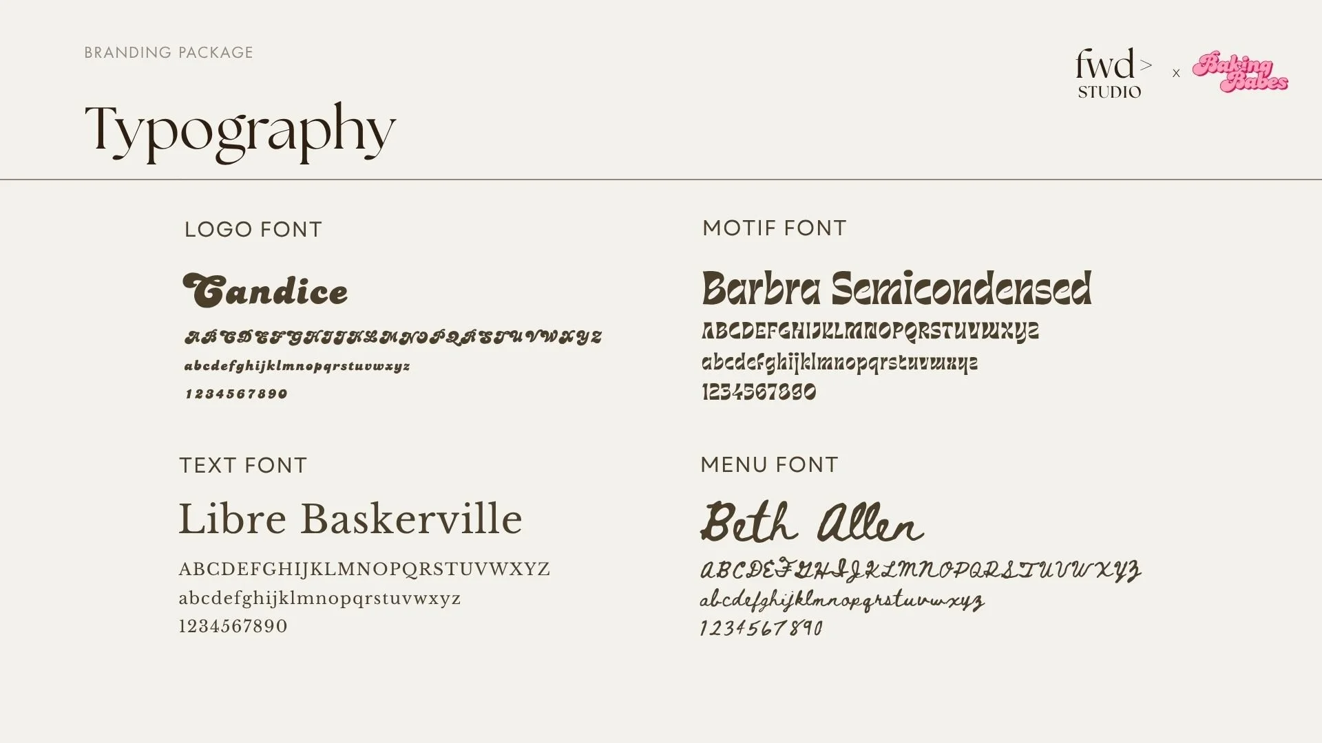 A webpage layout displaying different font styles for typography, including logo font, motif font, text font, and menu font, with examples of each.
