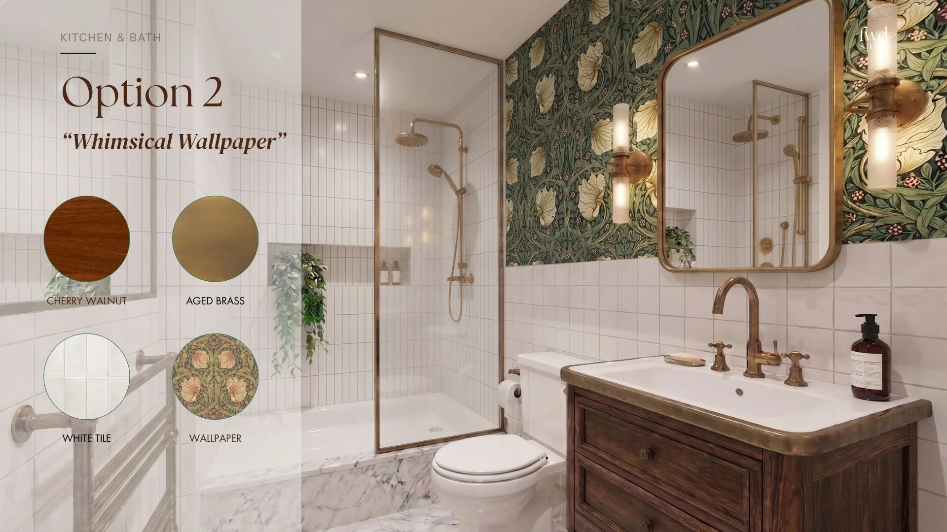 A bathroom with a shower area enclosed by glass, white tiled walls, and a vintage vanity with a wooden cabinet and marble top. There are round mirrors with vintage brass frames, wall-mounted light fixtures, a brass faucet, and patterned wallpaper with floral designs on one wall.
