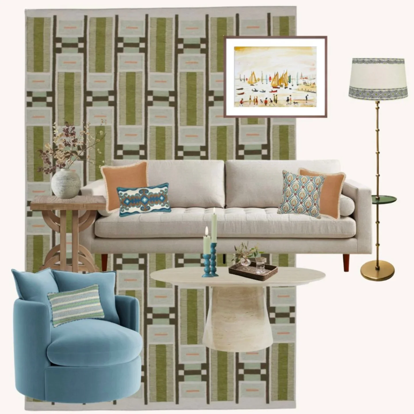Living room with a white sofa, a blue armchair, a wooden side table with a vase and flowers, a round coffee table, a floor lamp, and wall art, with a patterned backdrop.