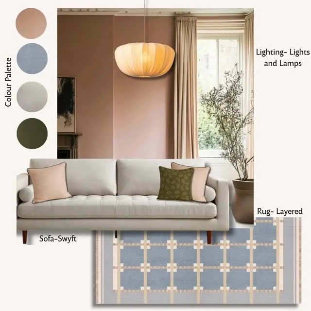 Living room interior with a white sofa, layered rug with blue and beige pattern, beige and green cushions, behind a large window with beige curtains, a potted plant, a ceiling lamp, and color palette on the wall.