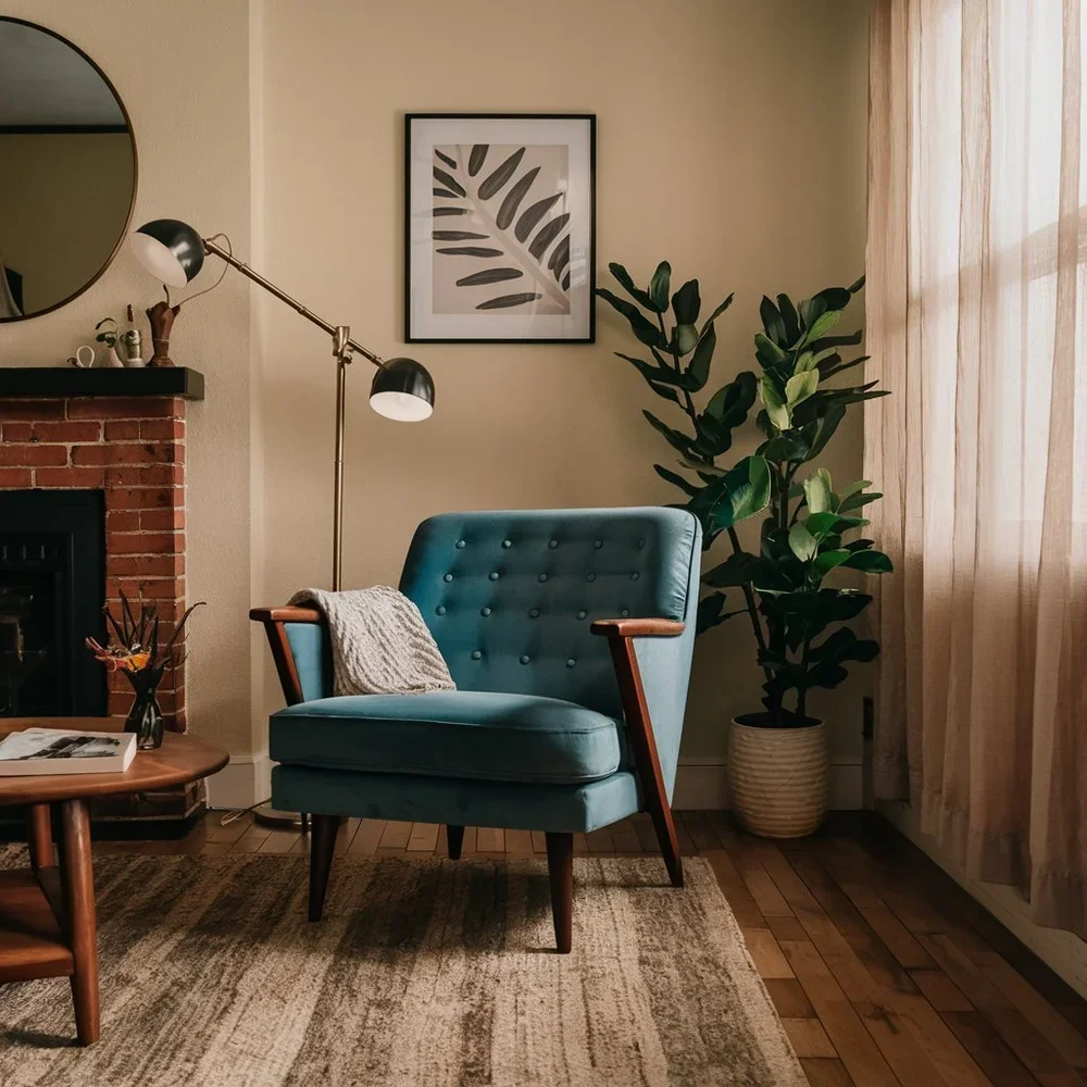A cozy living room corner featuring a teal mid-century modern armchair with a gray throw blanket draped over one arm, a wooden side table with a magazine and a small vase, a tall green potted plant, a framed leaf artwork on the wall, and a black and 