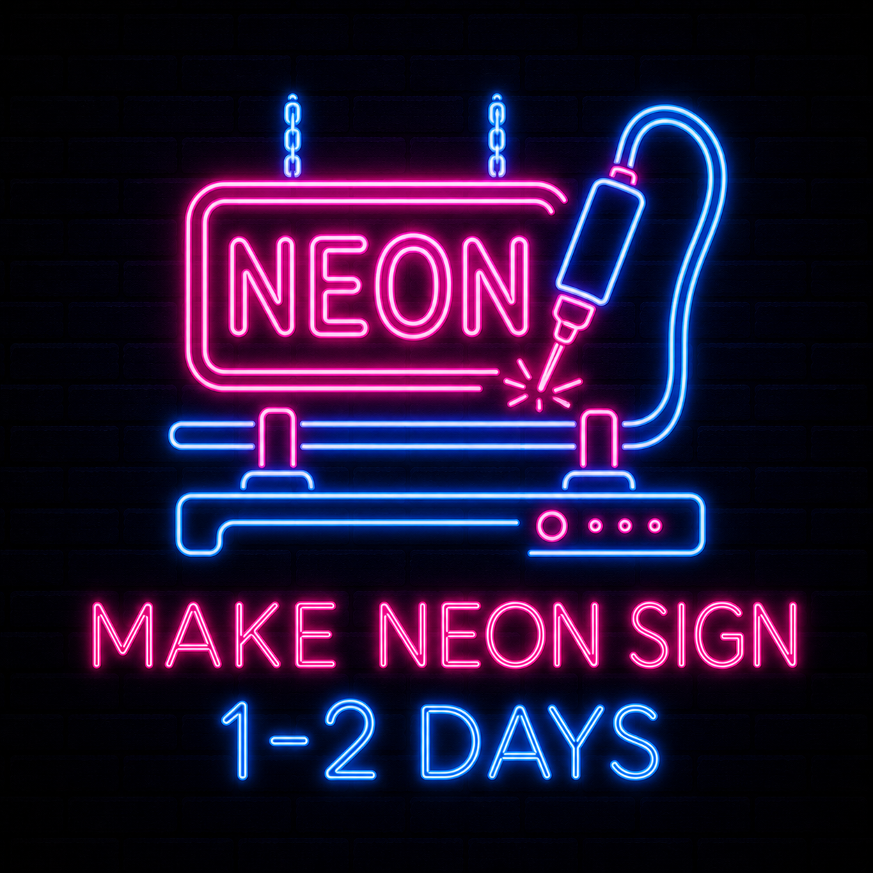 Neon sign with a design of a laser engraving machine, featuring the word 'NEON' inside the machine, and the text 'MAKE NEON SIGN 1-2 DAYS' below, indicating a quick neon sign creation service.