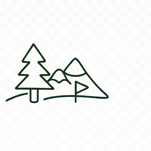 Minimalist line drawing of a pine tree, a mountain, and a flag in a landscape setting.