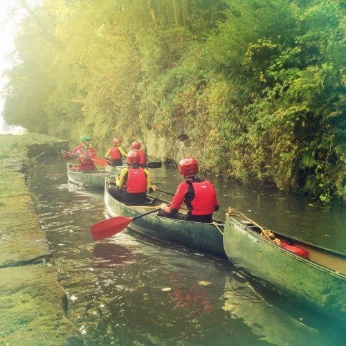 Five people kayaking on a narrow river with a grassy, tree-lined bank.