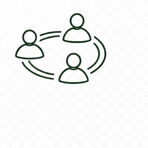 Line drawing of three people connected by curved lines, representing a social or communication network.