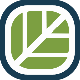 Green leaf logo with white outline on a dark background