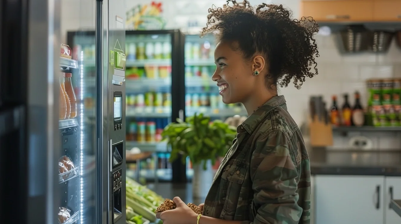 A woman with curly hair in a camouflage jacket purchasing snacks from a vending machine in a grocery store.