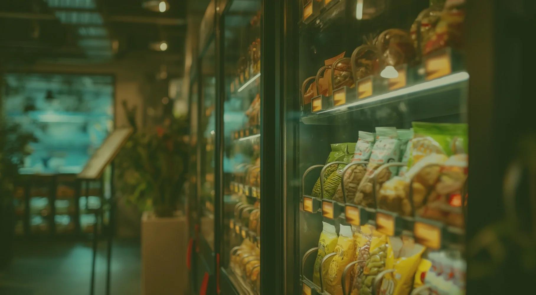 Inside a convenience store, showing a vending machine stocked with various snack foods including chips and candies. The background features a seating area with tables and chairs, and reflections of windows and greenery can be seen.
