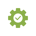 Green gear with a check mark inside on a white background.
