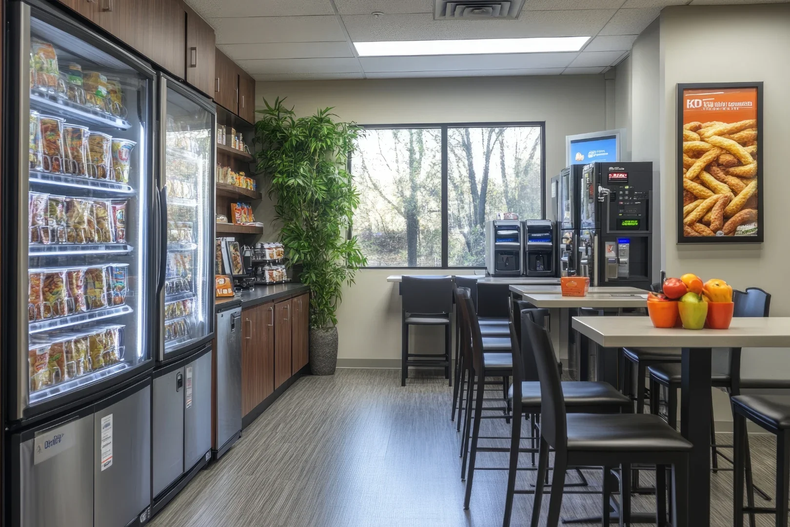 A break room with vending machines, coffee makers, a fruit bowl, chairs, and a window showing trees outside.