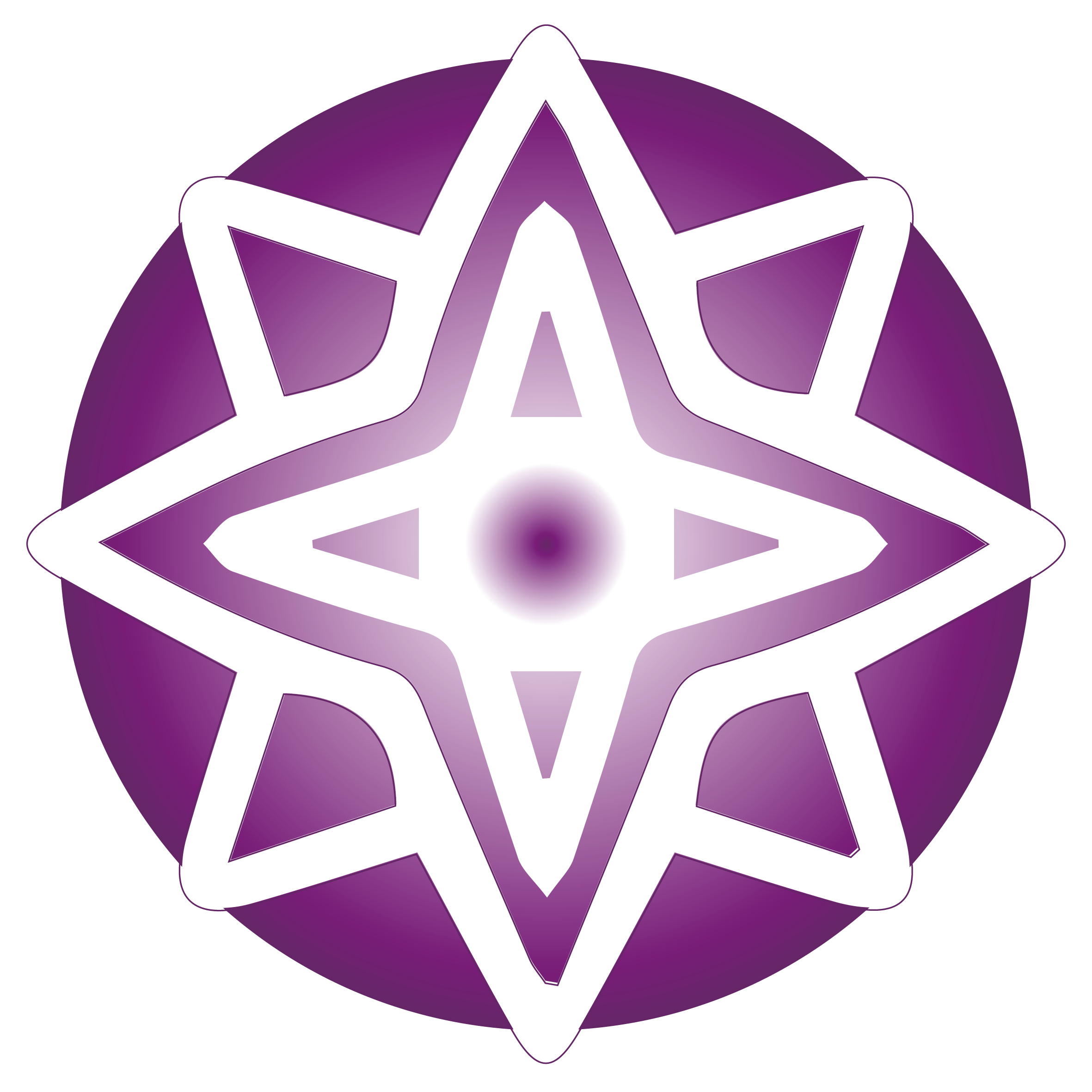 Purple geometric 3D star shape with a glowing white sphere at the bottom center.