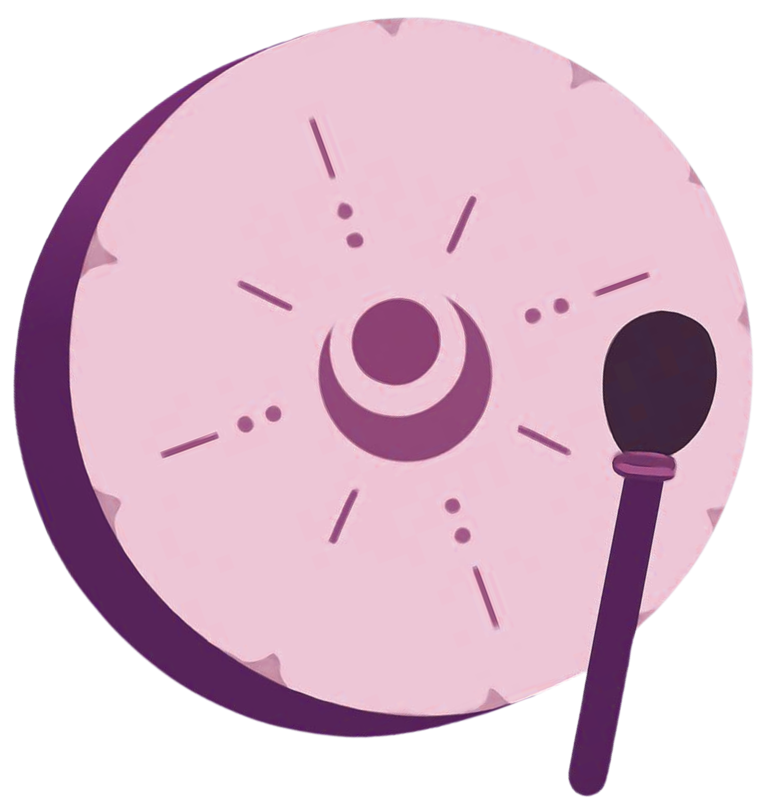 A pink and purple cartoon ice cream with a round scoop, a black oval eye, and a black spoon with a curved handle.