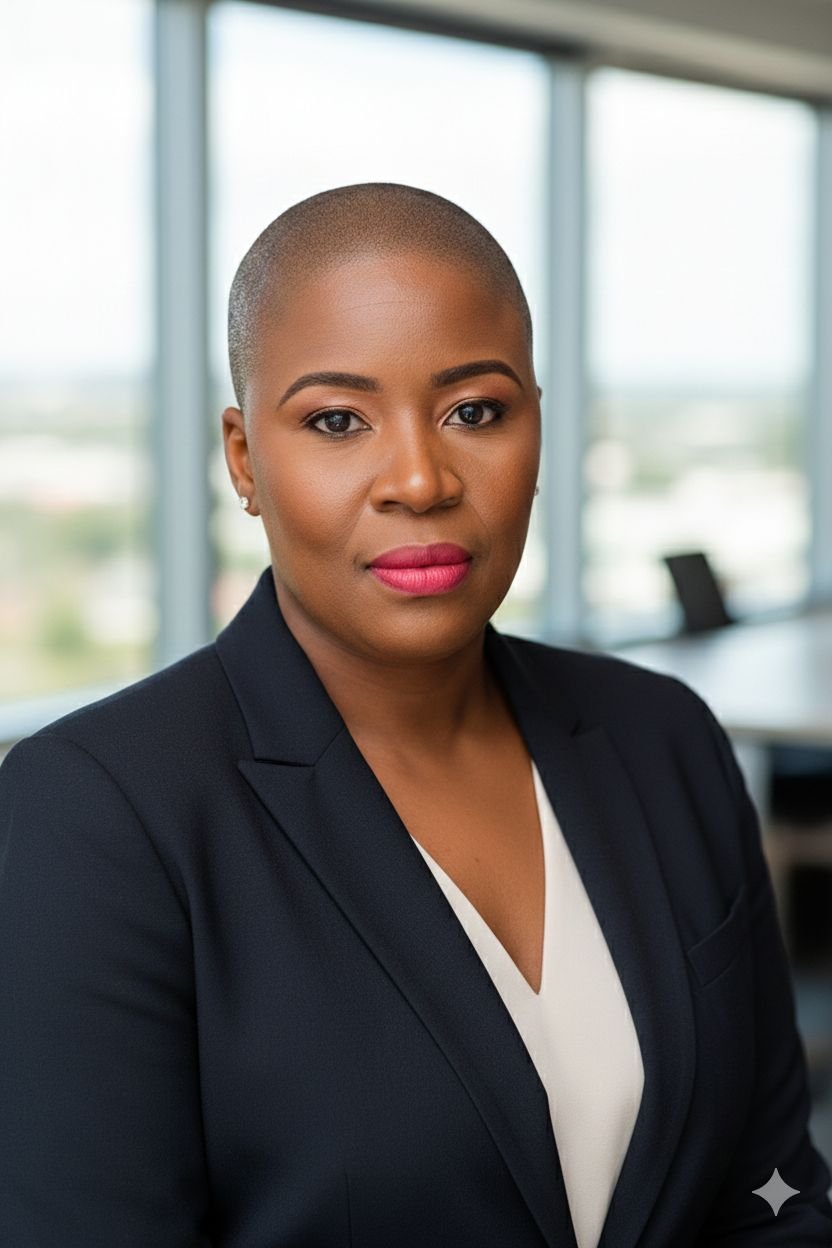 Professional woman with a shaved head wearing a navy blazer and white blouse, posing in an office with large windows in the background.