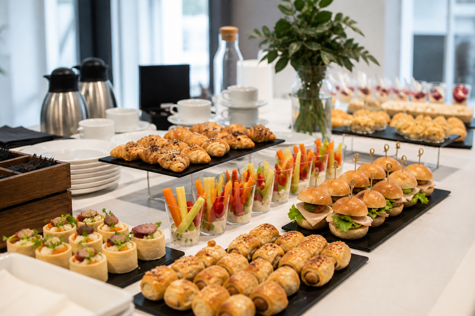 Buffet con vari antipasti, panini, finger food e dolci.