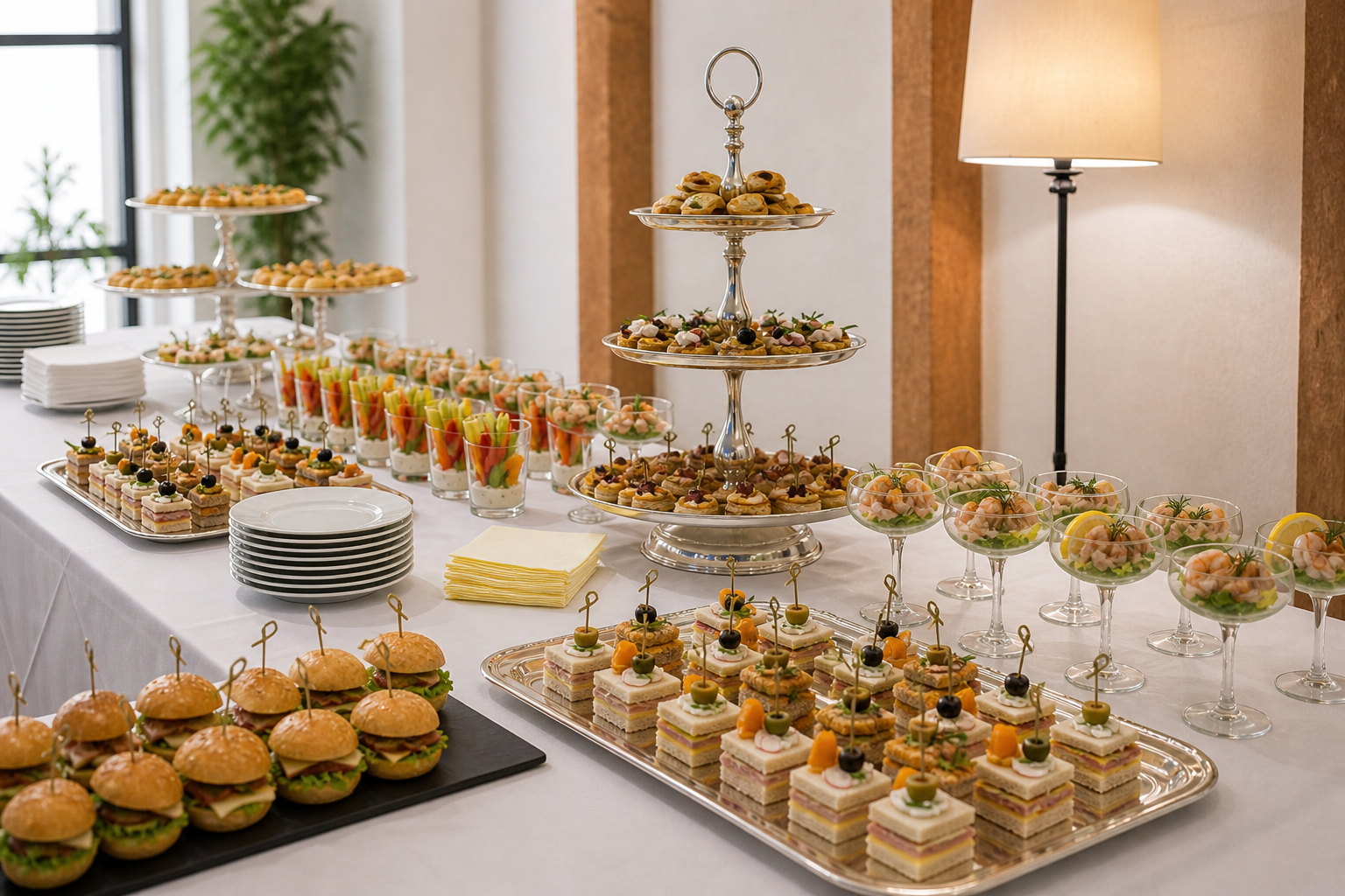 Buffet con vari antipasti, finger food e dolci, disposti su un tavolo coperto con tovaglia bianca, con una lampada a piantana e una finestra sullo sfondo.