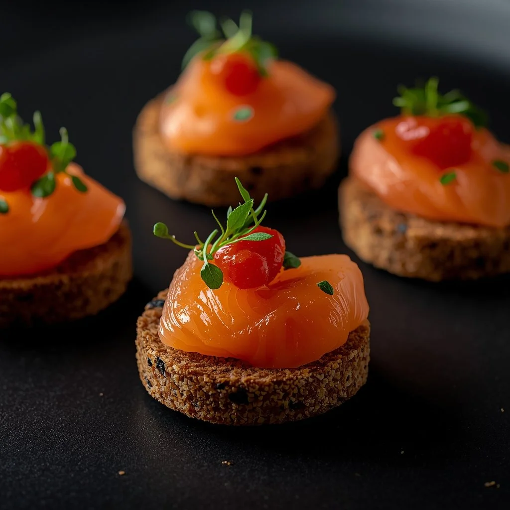 Canapè con salmone affumicato, pomodorini e erbe aromatiche su base di pane croccante.