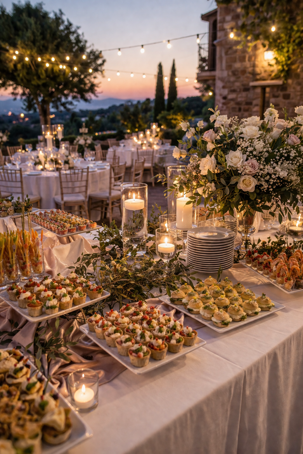 Tavola imbandita all'aperto con luci sospese, candele e decorazioni floreali, con vari finger food e dessert, durante il tramonto.