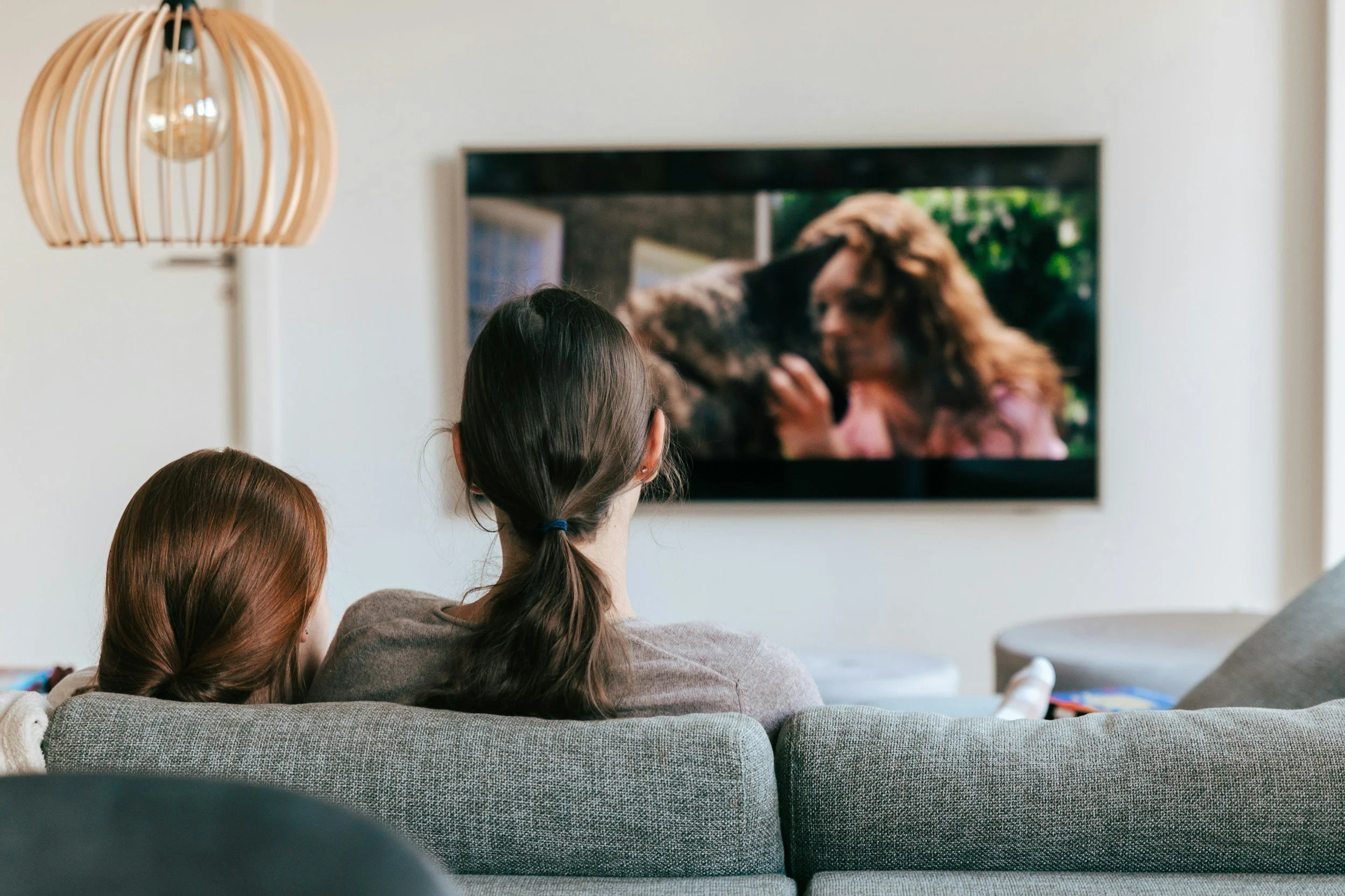 Two people sat on a sofa with their back to camera, watching TV