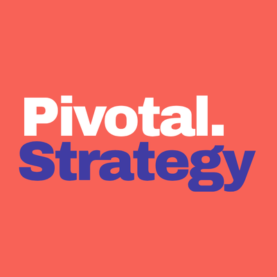 Text on a coral background reading 'Pivotal. Strategy' with 'Pivotal' in white and 'Strategy' in dark blue.