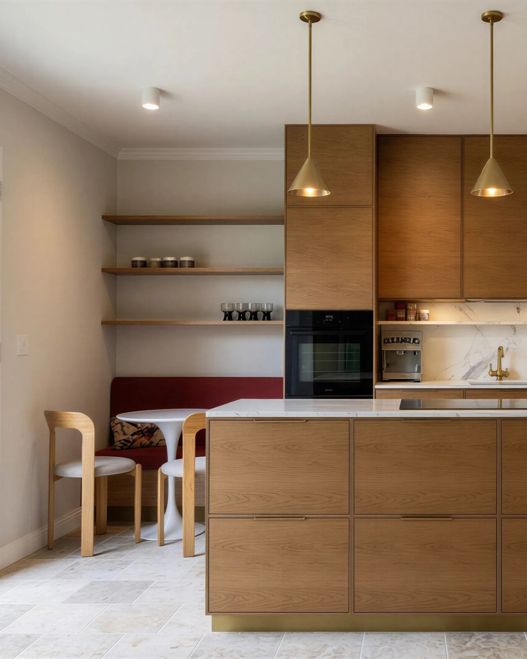 A modern kitchen with wooden cabinets, two gold pendant lights, and open shelves with dishes. A white marble countertop includes a built-in sink with a gold faucet. A small dining area features a round white table with three wooden chairs, against a 