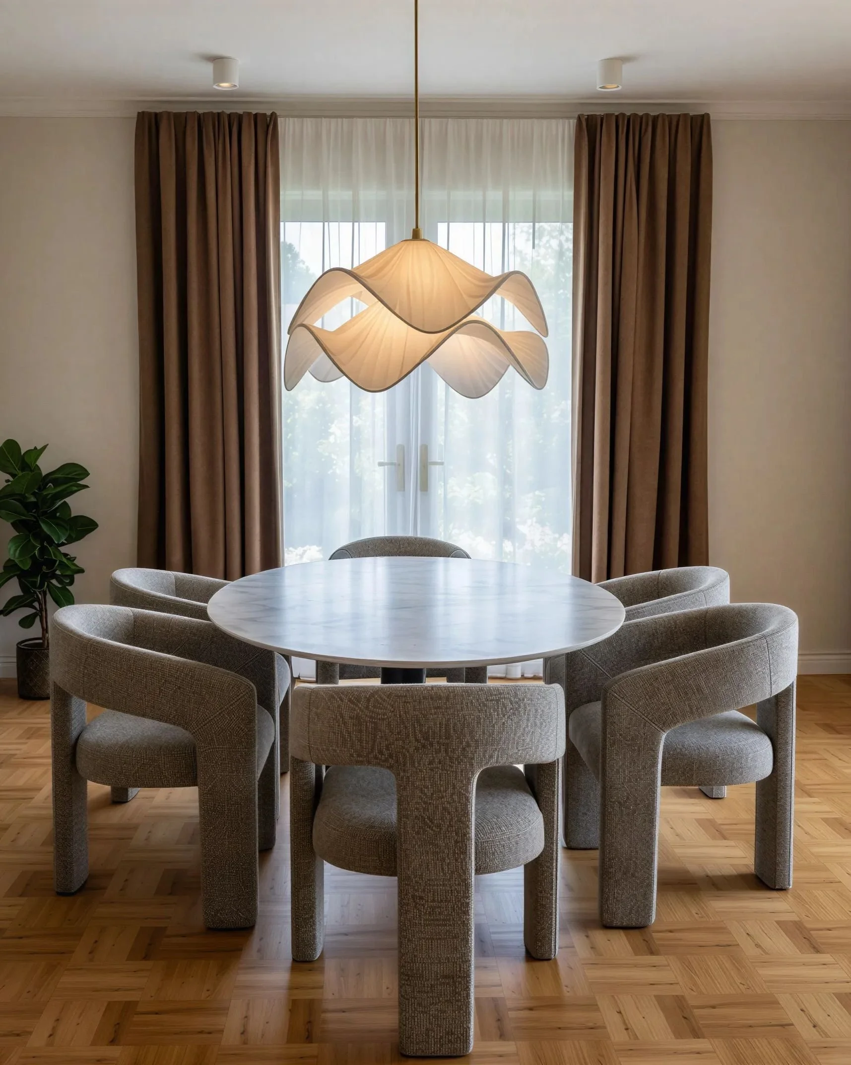 A round dining table surrounded by six upholstered chairs on a wooden floor. Behind the table are large windows with white Sheer curtains and brown drapes. A unique, wavy beige pendant light hangs above the table, and a potted plant is visible on the