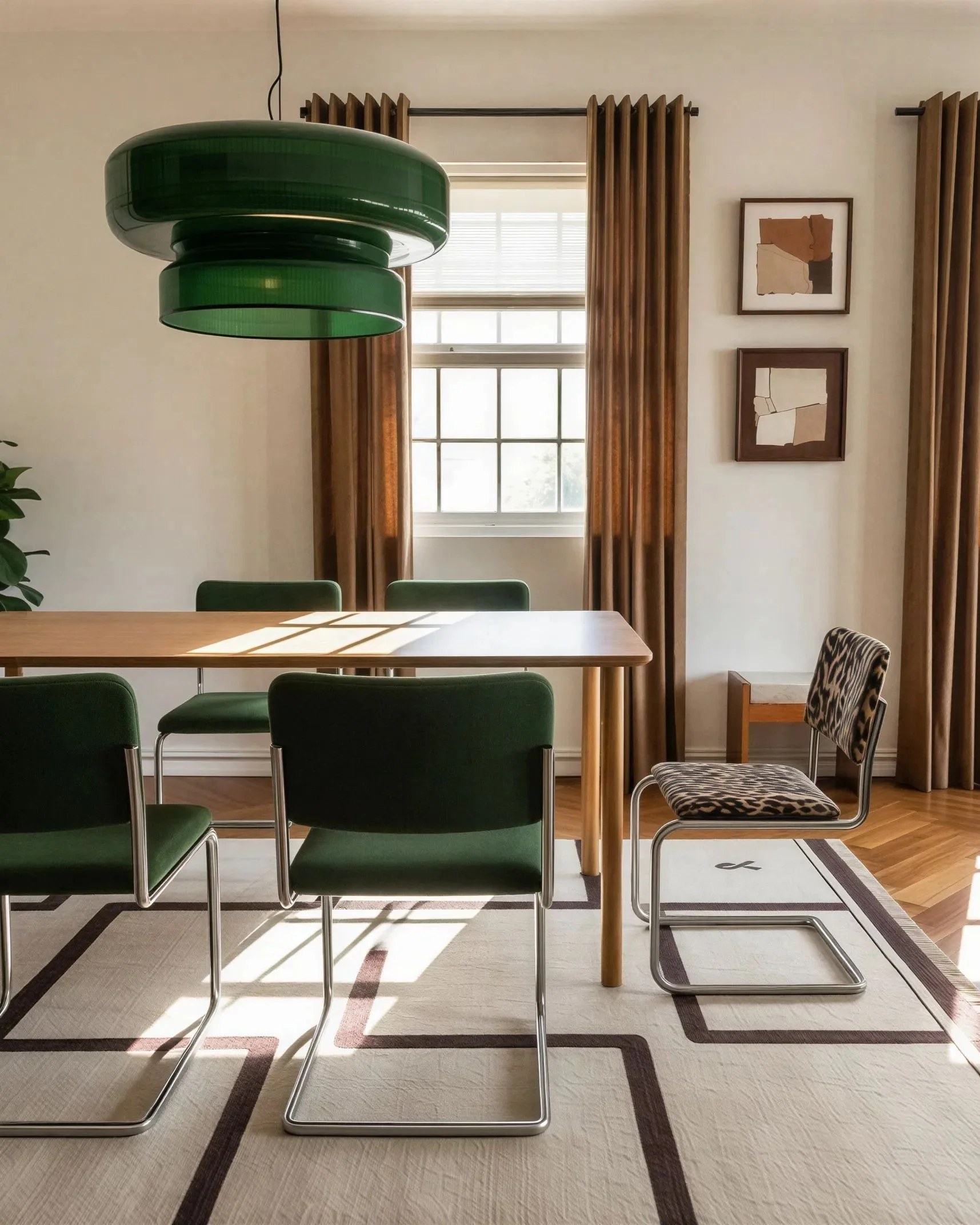 Dining room with table, green chairs, wooden floors, large window with blinds, abstract artwork on wall, plaid patterned chair, and green hanging lamp.