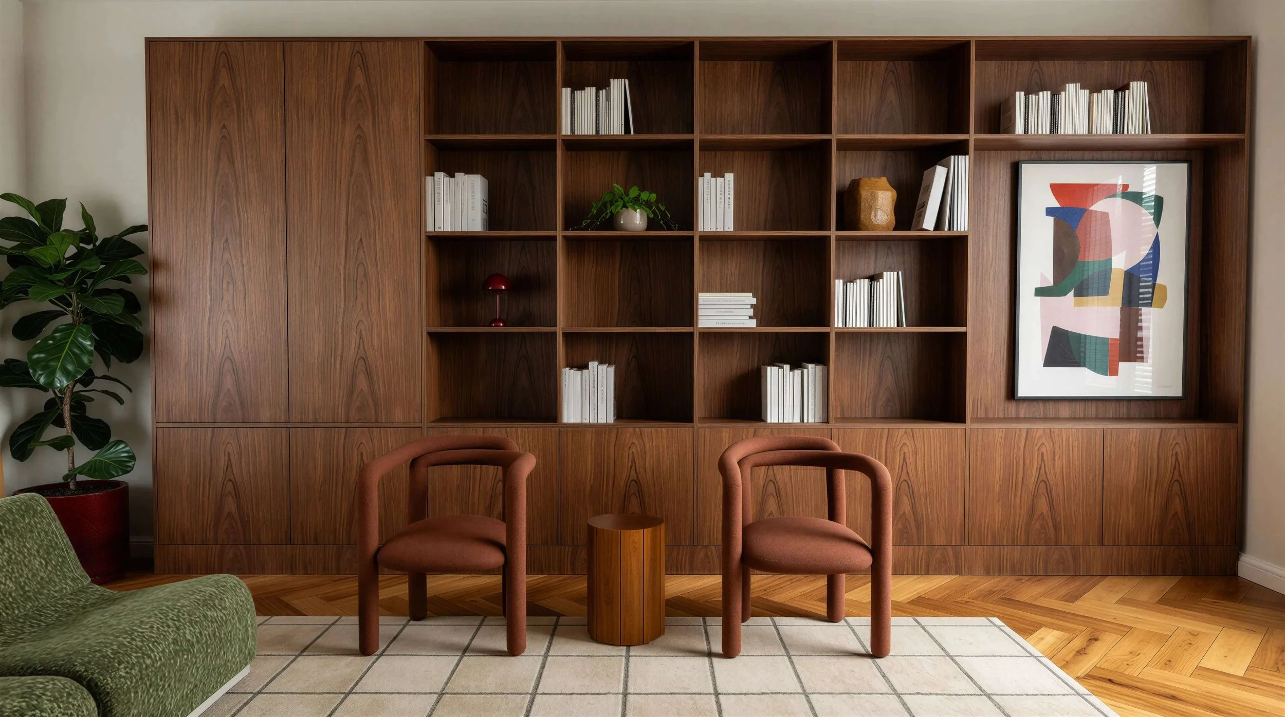 A wooden wall unit with open shelves containing white books, decorative objects, and artwork. In front, there are four pink upholstered chairs, a small wooden side table, a large leafy plant on the left, a green patterned sofa on the far left, and a 