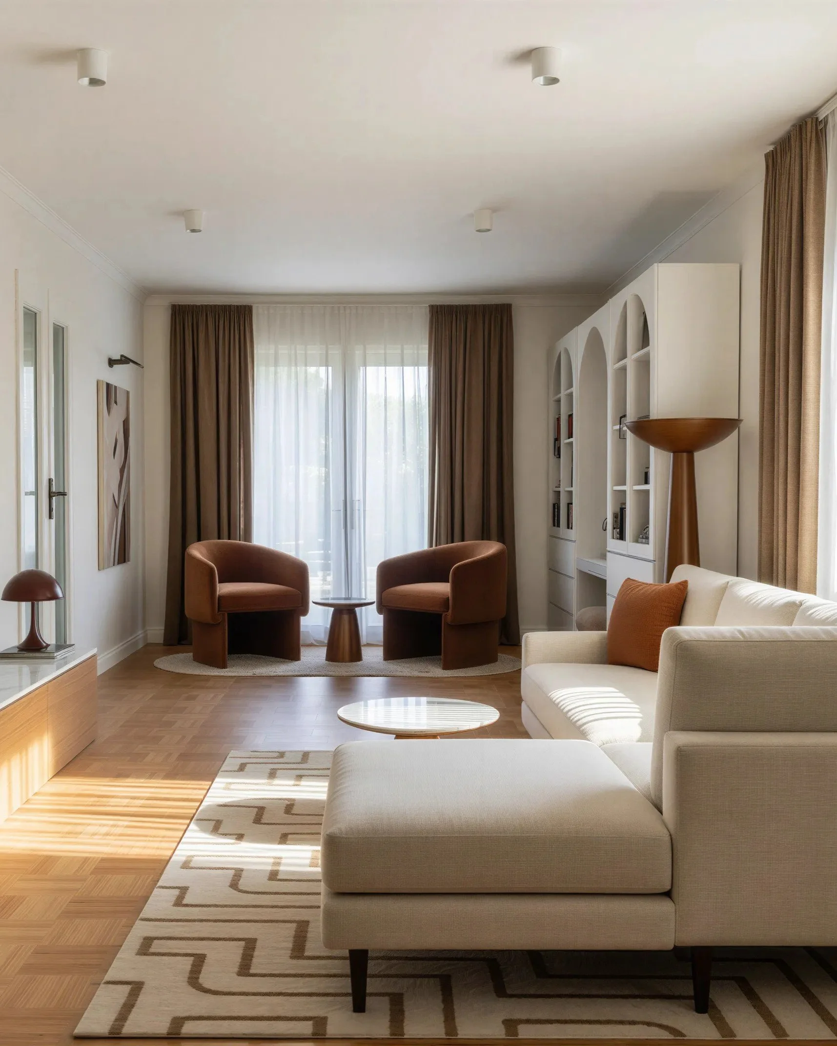Living room with a beige sofa, a rug with geometric pattern, two brown armchairs, a small table, and a white bookcase in the background. There are large windows with sheer curtains and brown drapes, and a tall wooden floor lamp.