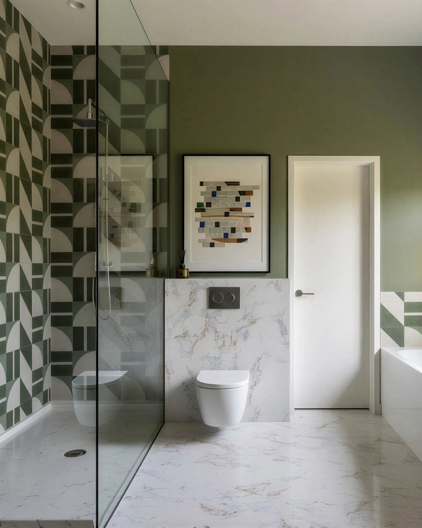 Modern bathroom with a shower area on the left, featuring patterned tiles in shades of green, and a white wall-mounted toilet on the right, with a framed abstract artwork on the green wall above, and a marble countertop below.