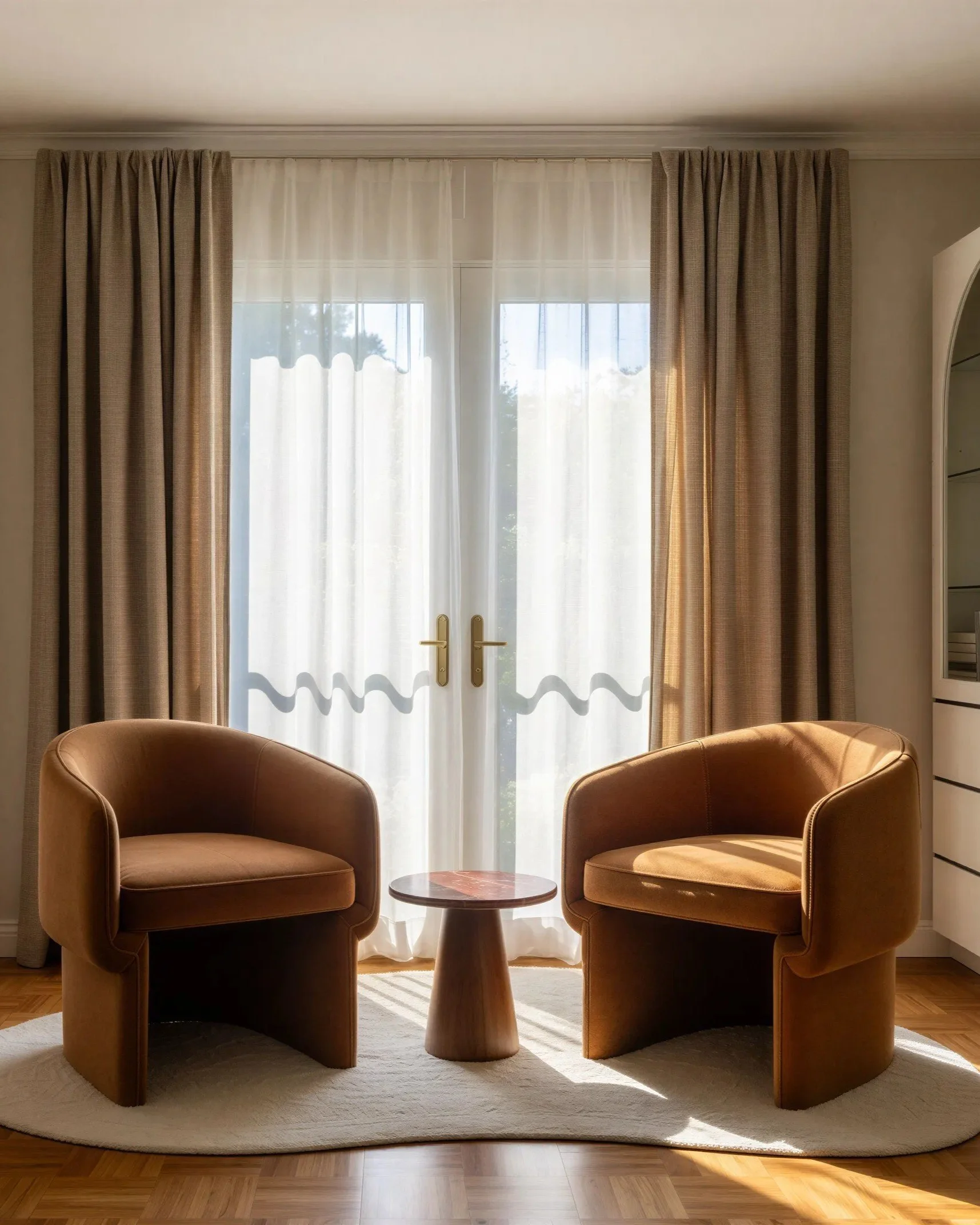 Living room with two tan armchairs around a small round wooden table on a light-colored oval rug. Behind them are glass doors with white sheer curtains and tan drapes, with sunlight illuminating the room.