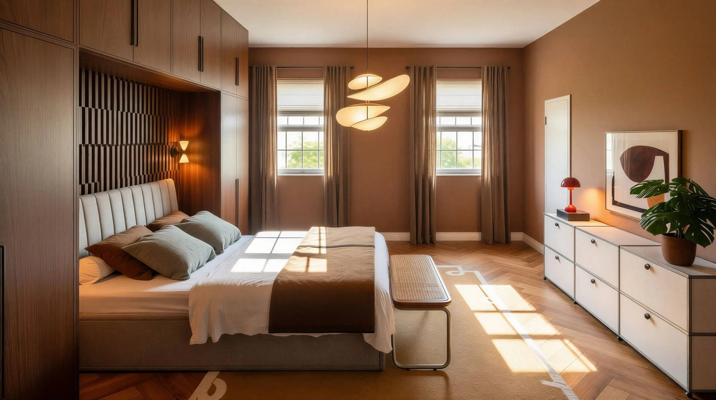 Modern bedroom with beige bed and pillows, wooden wall paneling, two windows with beige curtains, contemporary ceiling light fixture, white sideboard with red lamp, abstract artwork, large green plant.