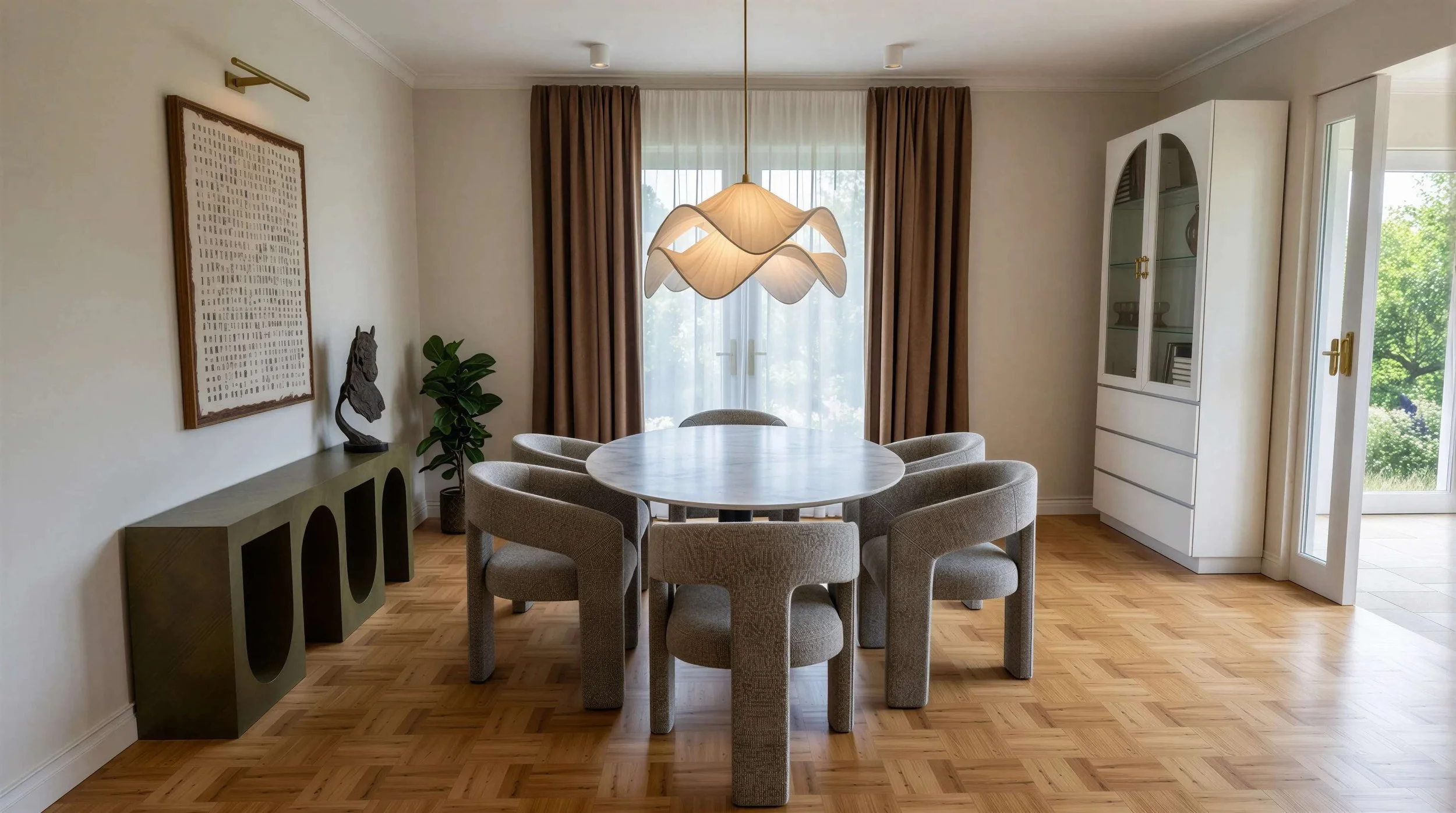 A dining room with a round table surrounded by six upholstered chairs, a modern pendant light fixture, a white cabinet with glass doors, and a large window with brown curtains letting in natural light.