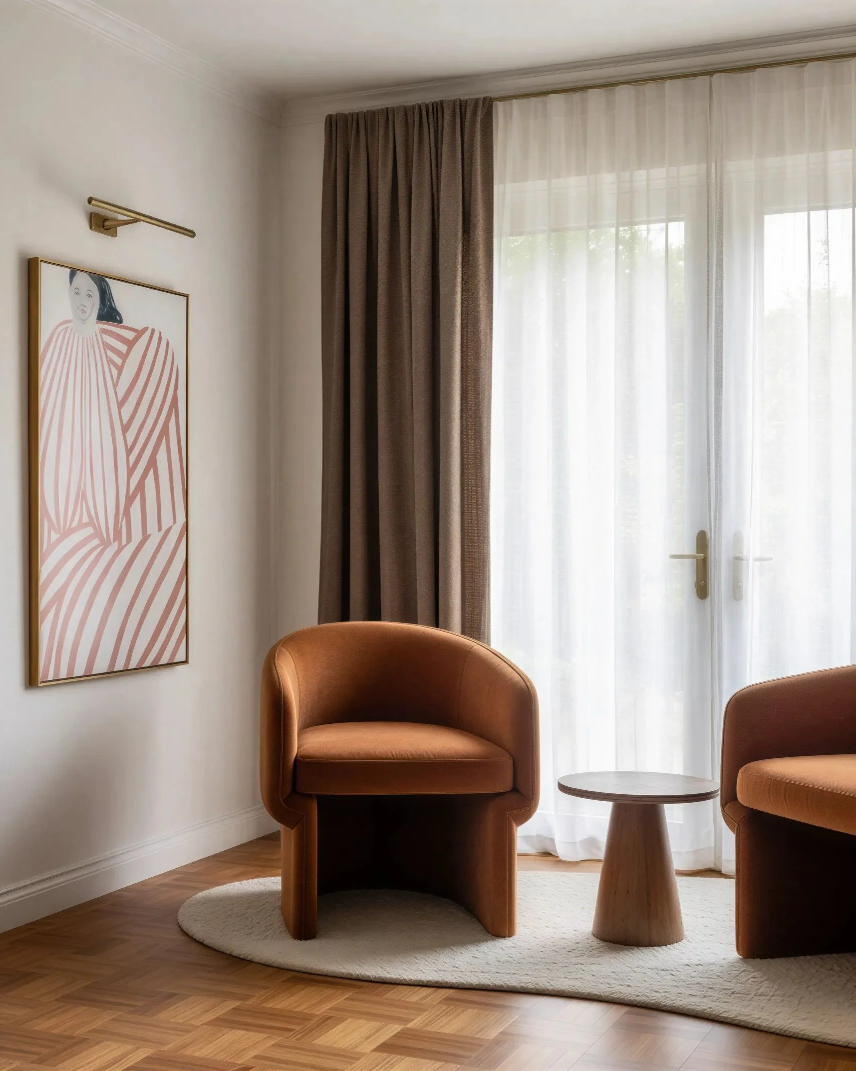 Living room with two burnt orange armchairs, a small wooden side table, a cream-colored rug, a wall art portrait of a woman with a striped red and white blouse, brown curtains covering large window with sheer white curtains, hardwood floor, and ceili