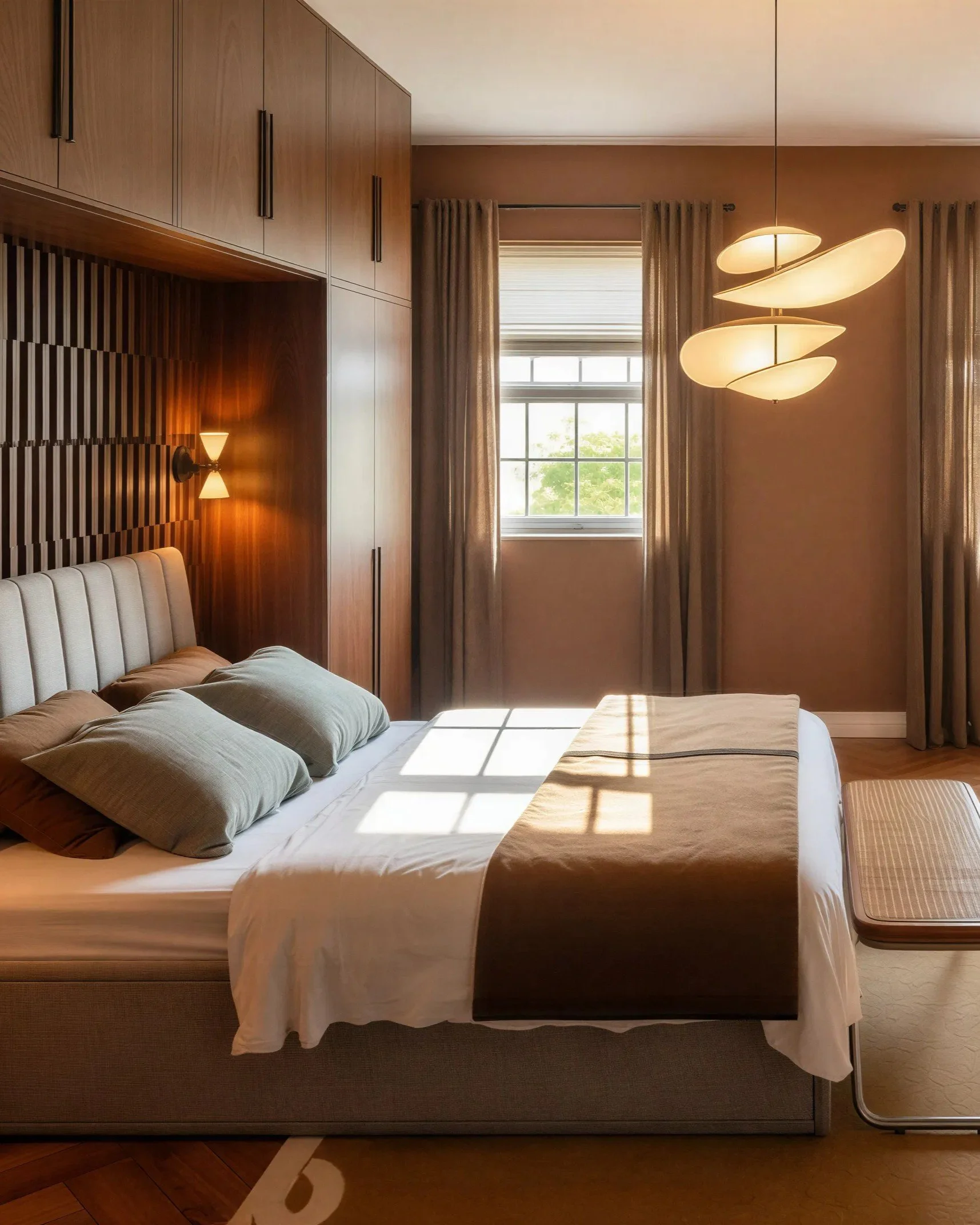 A bedroom with a wooden wall panel behind the bed, beige bedding, multiple pillows, a nightstand, a modern ceiling lamp, a window with beige curtains, and a wall sconce light.