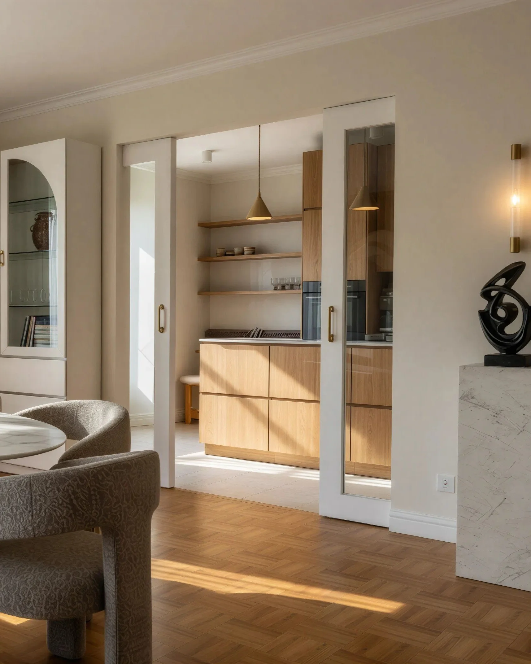 Interior of a modern living space, showing a diamond-patterned armchair, a round table, a large mirror, wooden cabinets with open shelves, pendant lights, and a marble kitchen countertop in the background, with soft natural light streaming in.