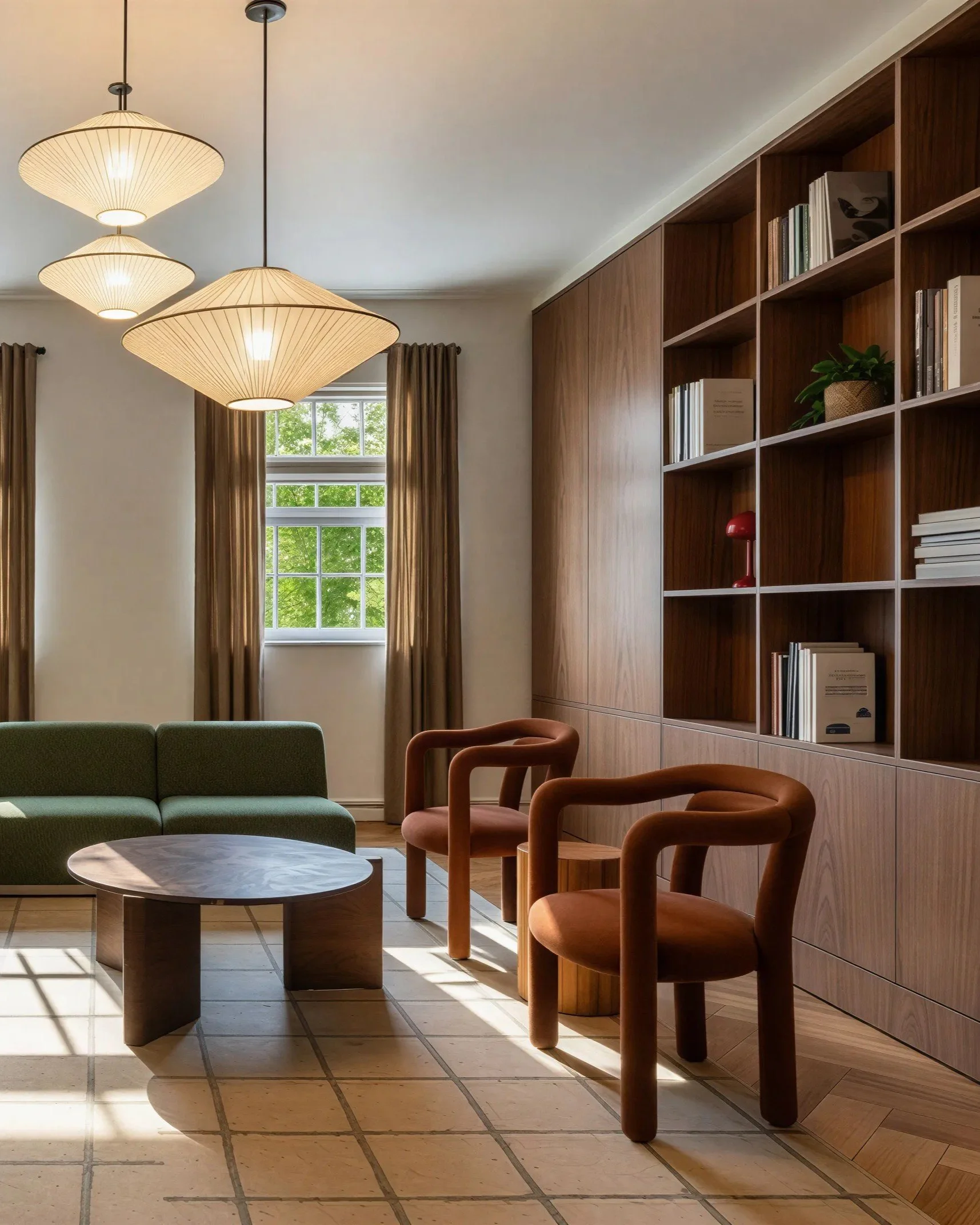 Living room with three hanging ceiling lamps, a window with green trees outside, a green sofa, and a wooden bookshelf with books and decor items.