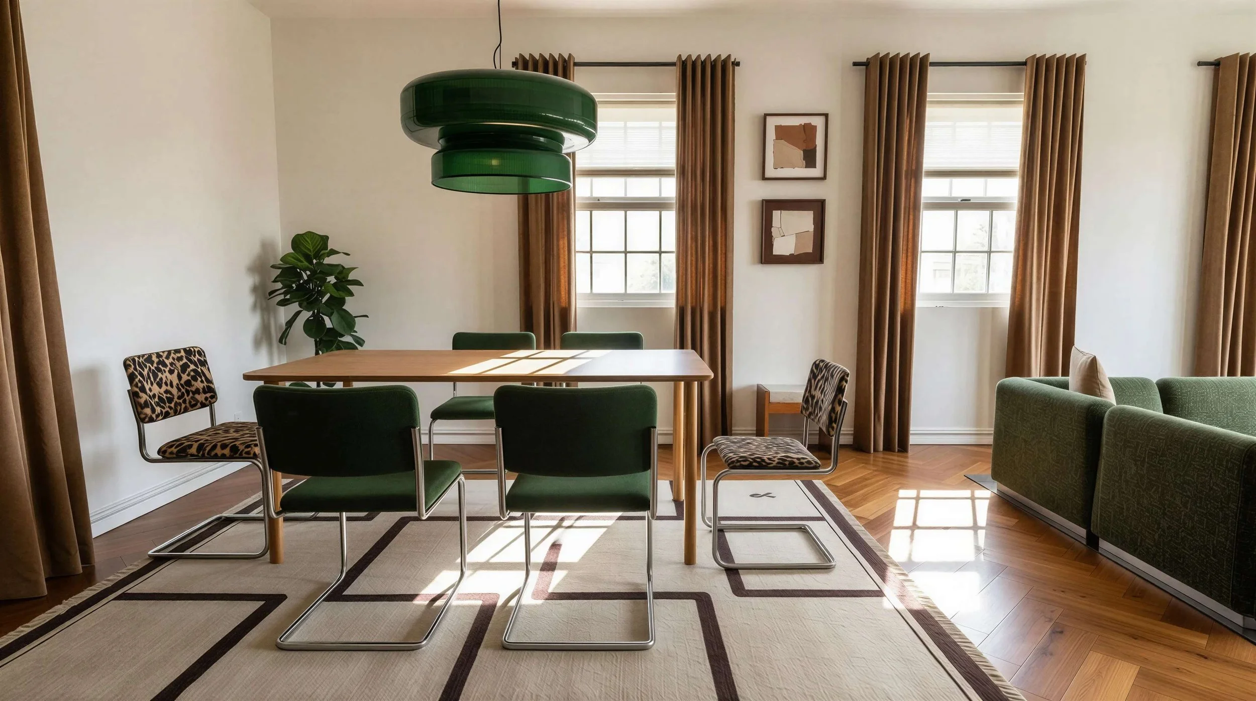 A dining room with a wooden table surrounded by six green chairs with metal legs, a potted plant, framed abstract art on the wall, large windows with brown curtains, a green sofa in the corner, and a hanging green ceiling light.