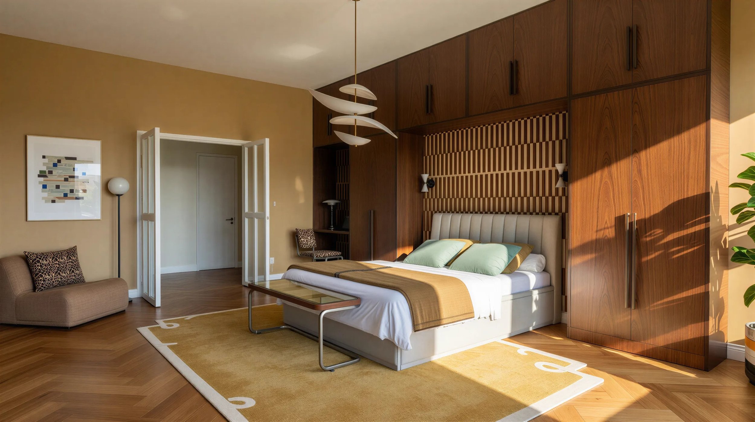 A modern bedroom with a bed, wooden wardrobe, beige walls, and contemporary lighting fixtures. There is a small seating area with a sofa, a floor lamp, and a artwork on the wall. Natural light casts shadows in the room.