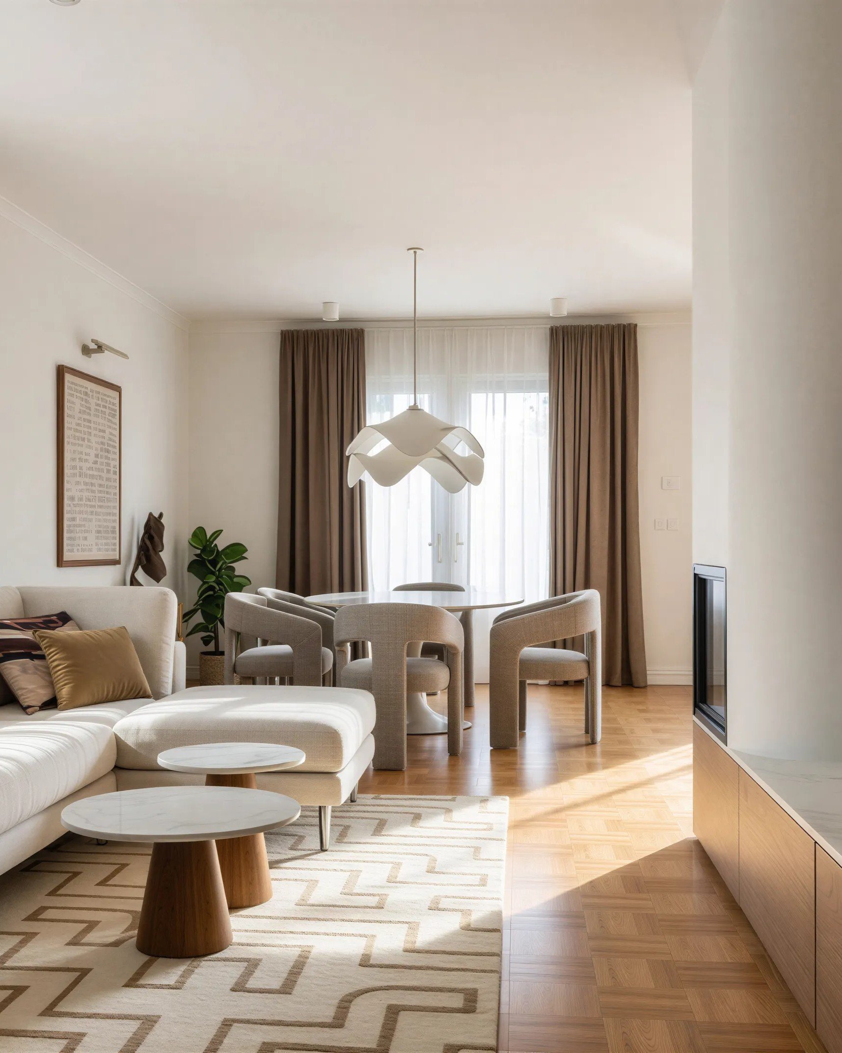 Living room with a built-in kitchen area, containing beige sofas, a round white coffee table, a beige area rug with a geometric pattern, a white dining table with beige chairs, large windows with beige curtains, a modern white pendant light, and a wo