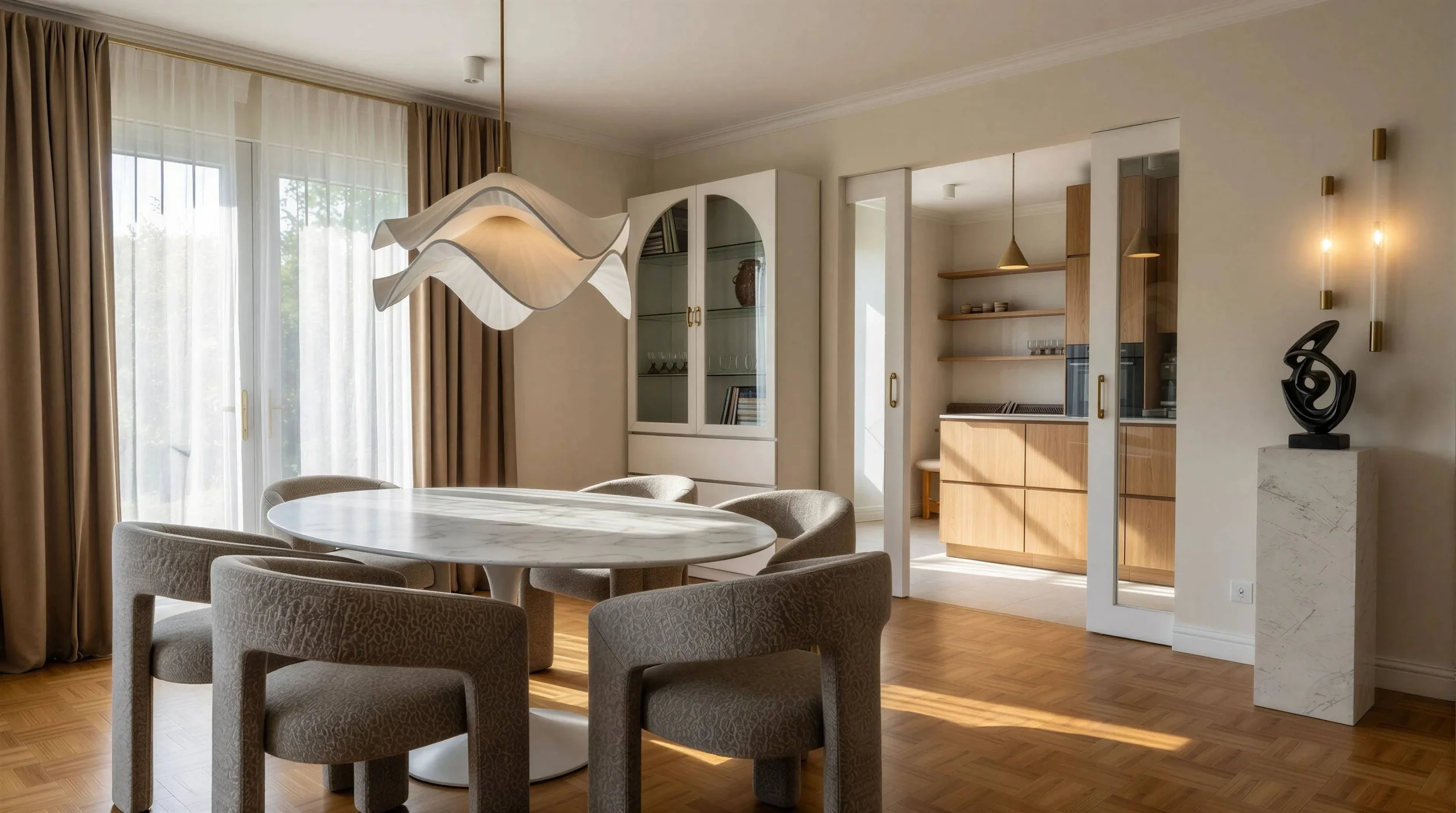 Modern dining area with a white marble table surrounded by beige upholstered chairs, a large wavy white pendant light, and natural light coming through sheer curtains and beige drapes. In the background, there are white cabinets with glass doors, woo