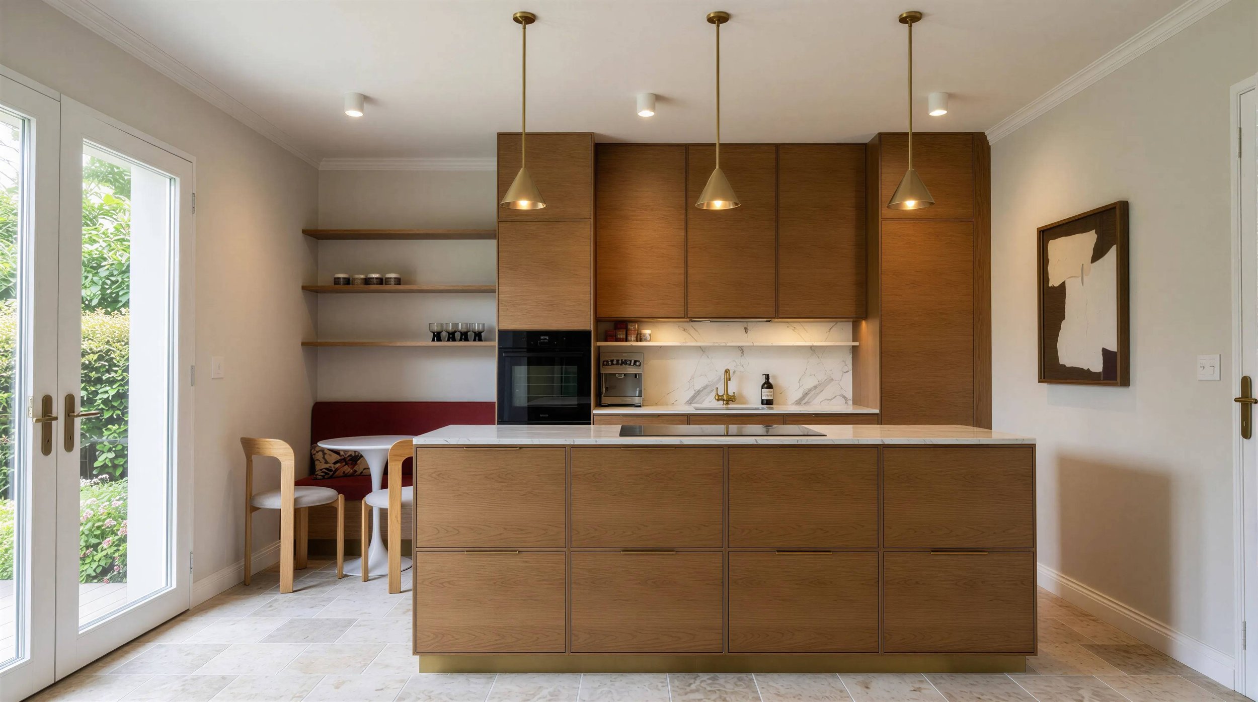 Modern kitchen with wooden cabinets, marble backsplash, gold fixtures, and a small dining area with a round table and chairs, with outdoor view through glass doors.